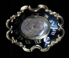 24K Gold and Black Enamel Memento Mori Brooch Inset Hair Weave