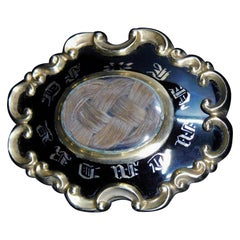24K Gold and Black Enamel Memento Mori Brooch Inset Hair Weave