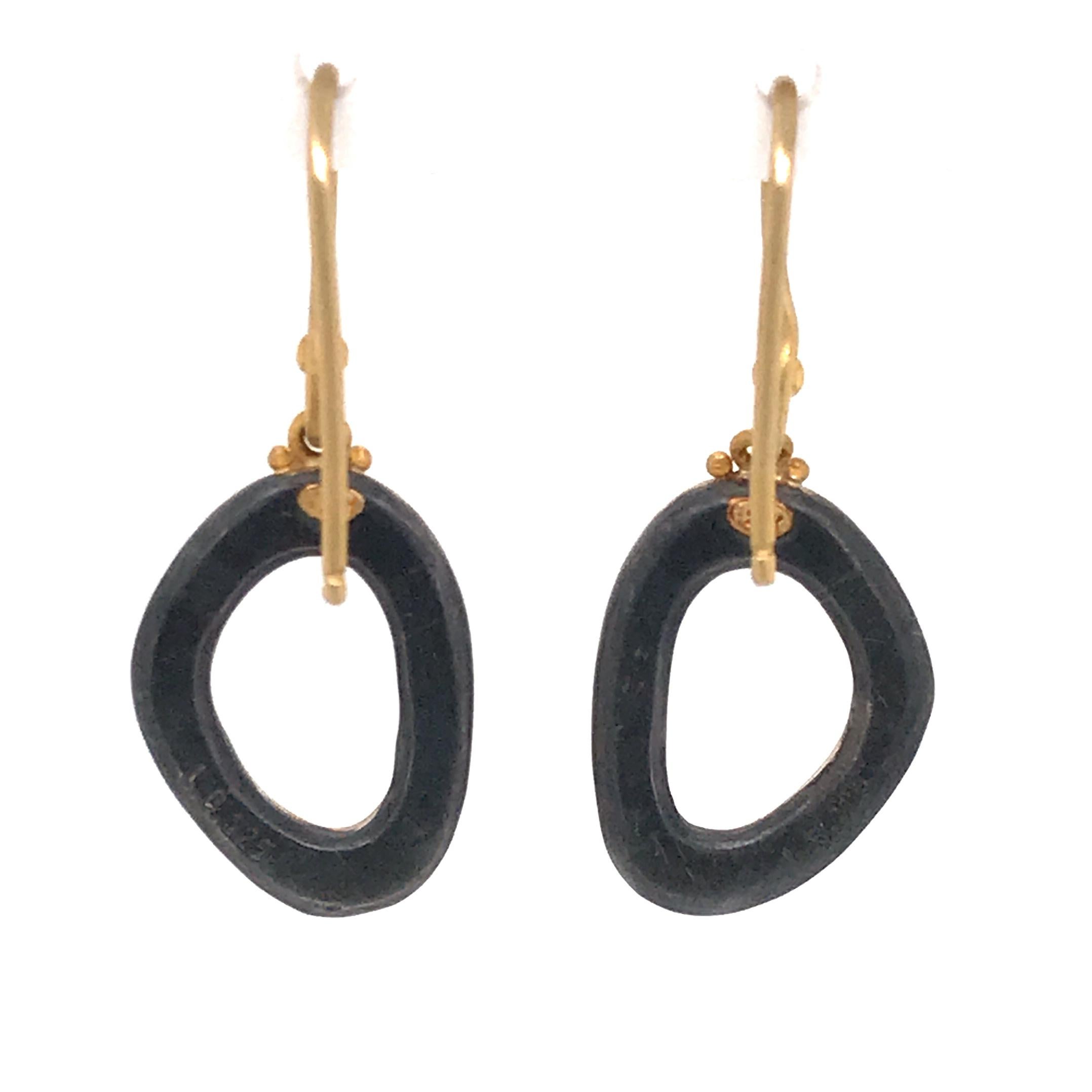 Round Cut 24 Karat Gold and Oxidized Silver Earrings with Diamonds For Sale