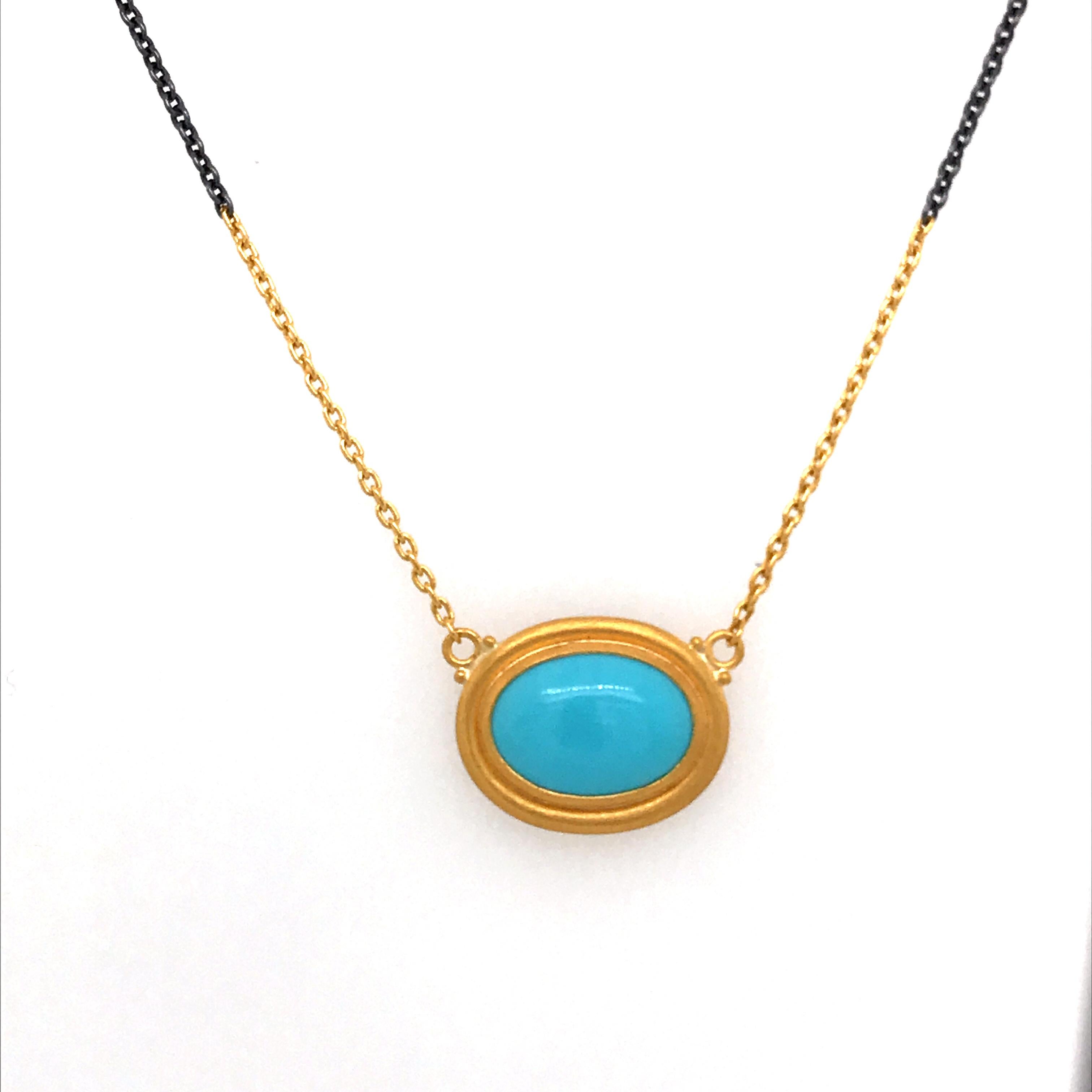 Oval Cut 24 Karat Gold and Oxidized Silver Kingman Turquoise Necklace For Sale