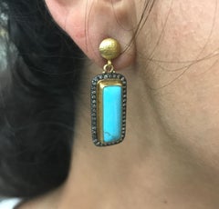 24K Gold and Oxidized Sterling Silver Kingman Turquoise Diamond Earring Drops