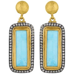 24K Gold and Oxidized Sterling Silver Kingman Turquoise Diamond Earring Drops