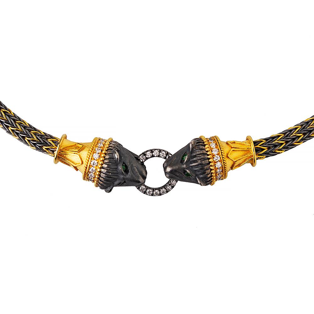 24K Gold and Silver Combination Handwaven Helenistic Style Lion Head Necklace (Rundschliff) im Angebot