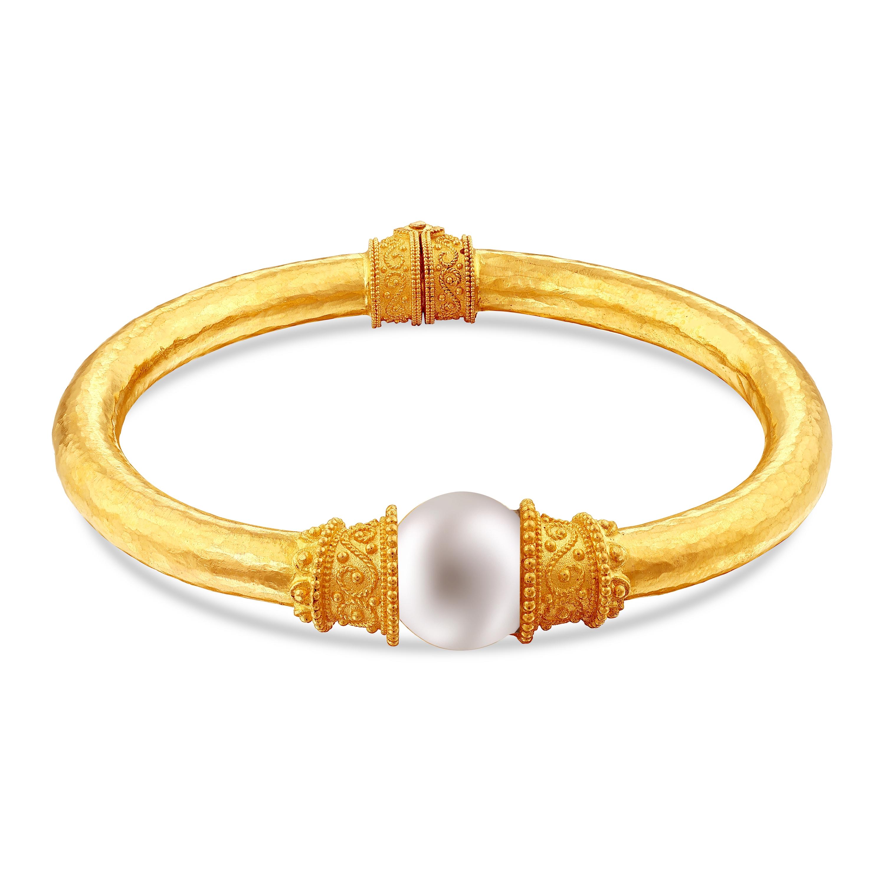 Oval Cut 24k Gold Bangle for Women with a Pearl For Sale
