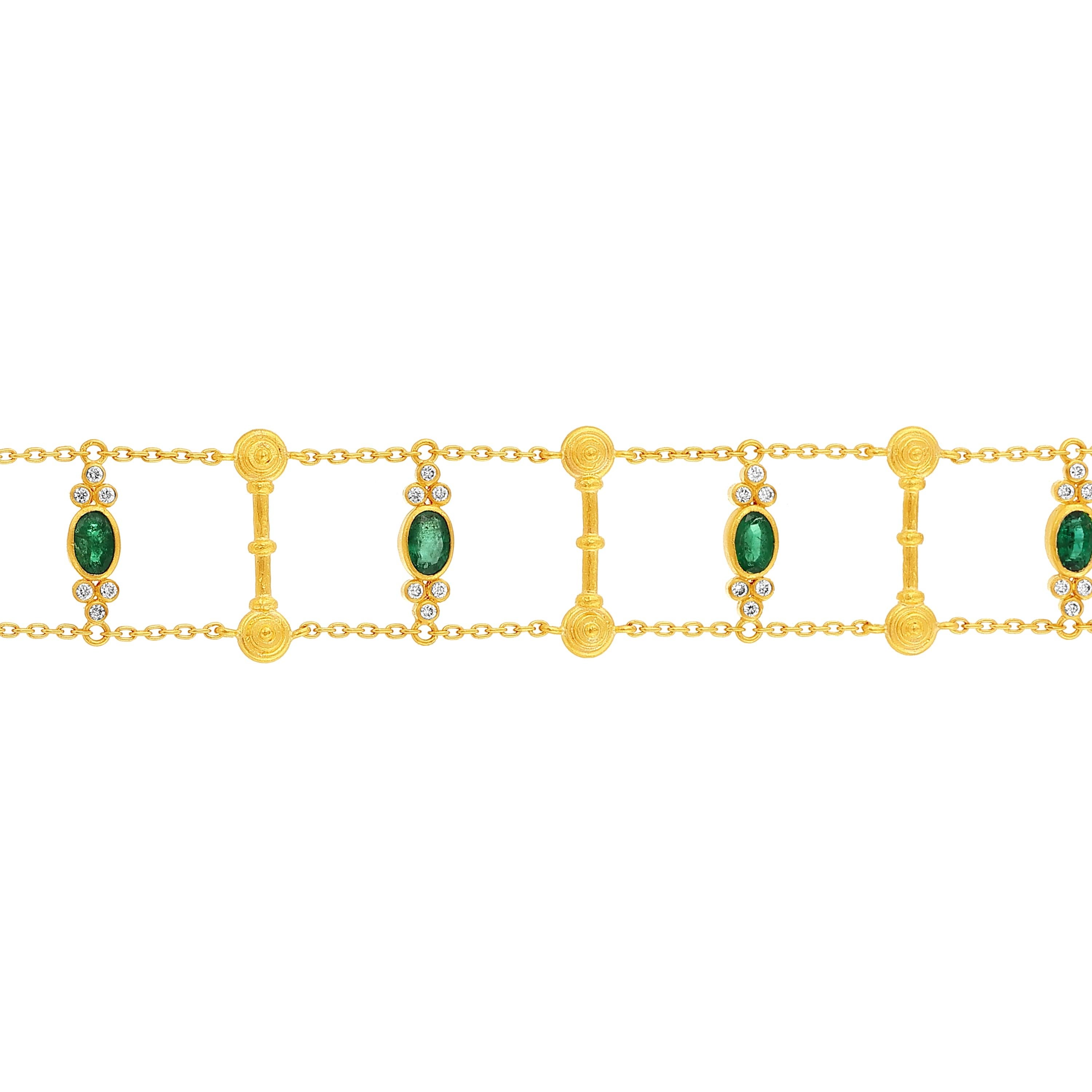 Classical Greek 24k Gold Bracelet for Women with Emeralds and Diamonds For Sale