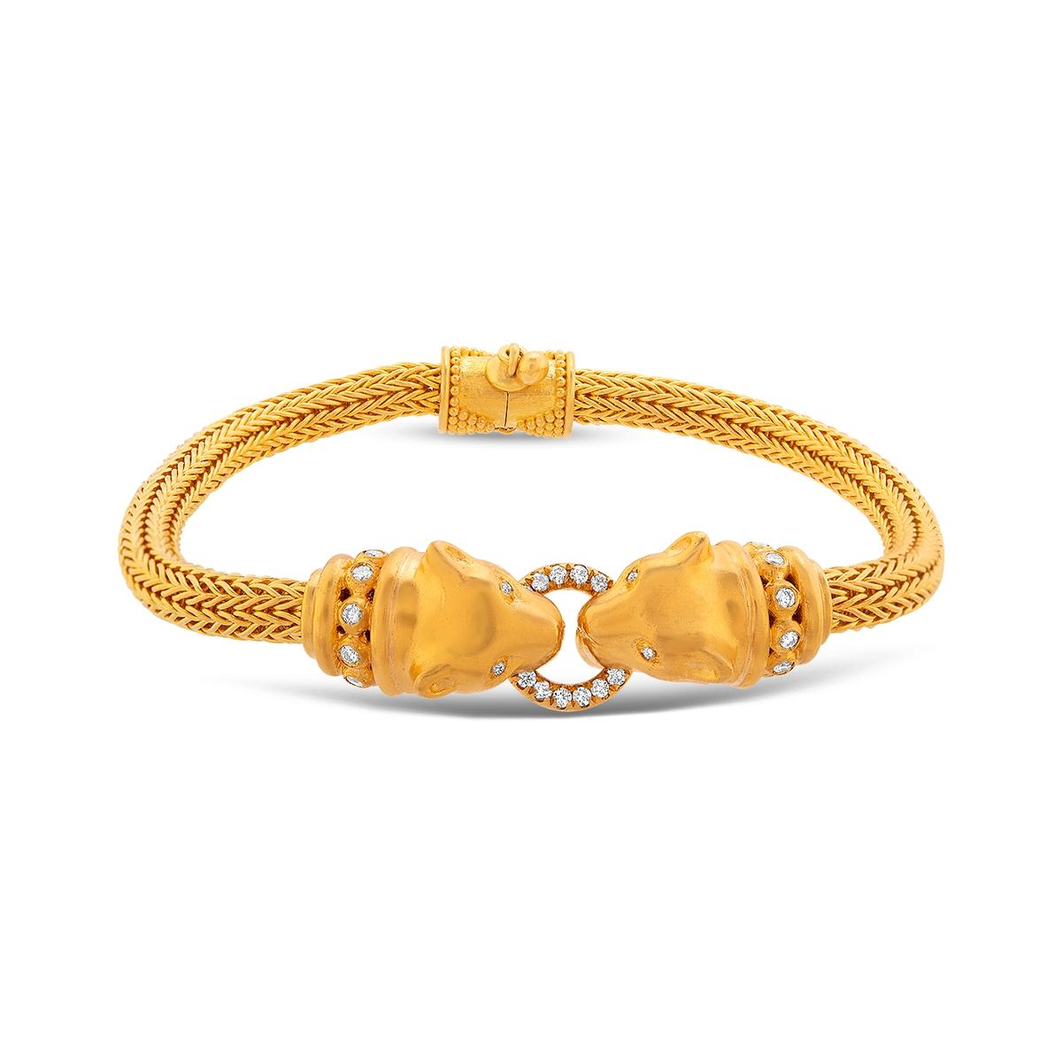 Classical Roman 24k Gold Bracelet for Woman with Double Panther Heads and Diamonds For Sale