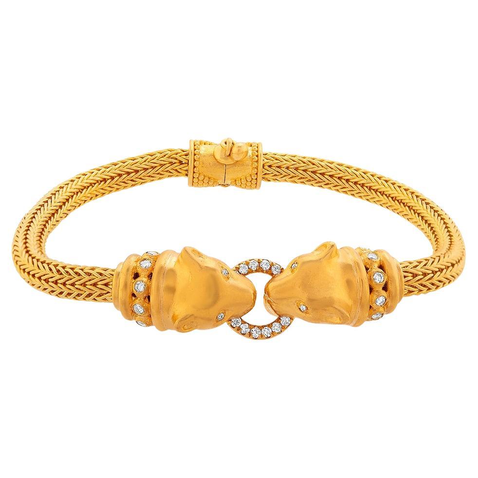24k Gold Bracelet for Woman with Double Panther Heads and Diamonds For Sale