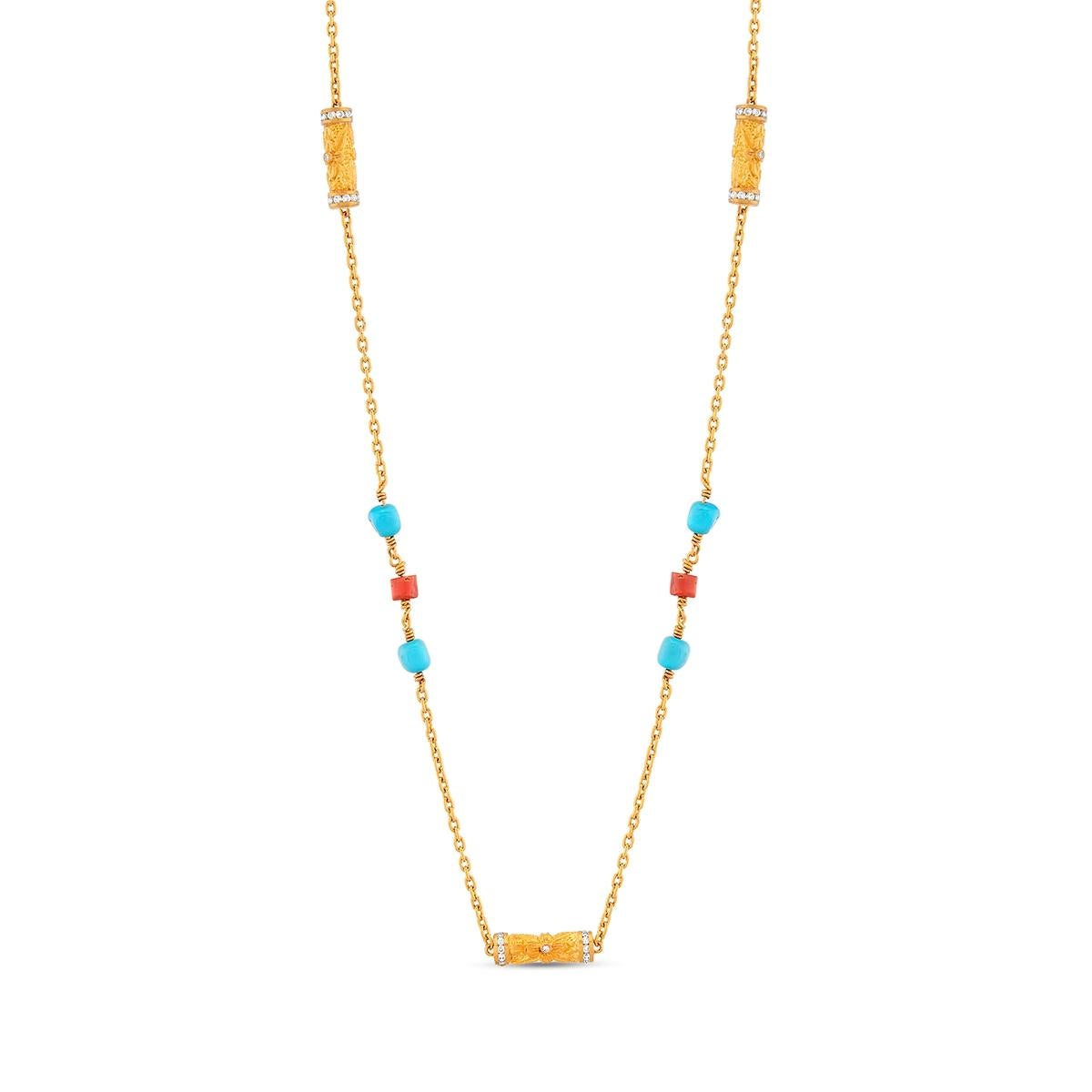 Diamonds (0.98 Carat), Turquoise and Corals (10.55 Carat)

Crafted with timeless elegance, this 24 karat gold jewelry piece draws inspiration from the ancient civilizations of Anatolia, where empires like the Greeks, Romans, Byzantines, and Ottomans