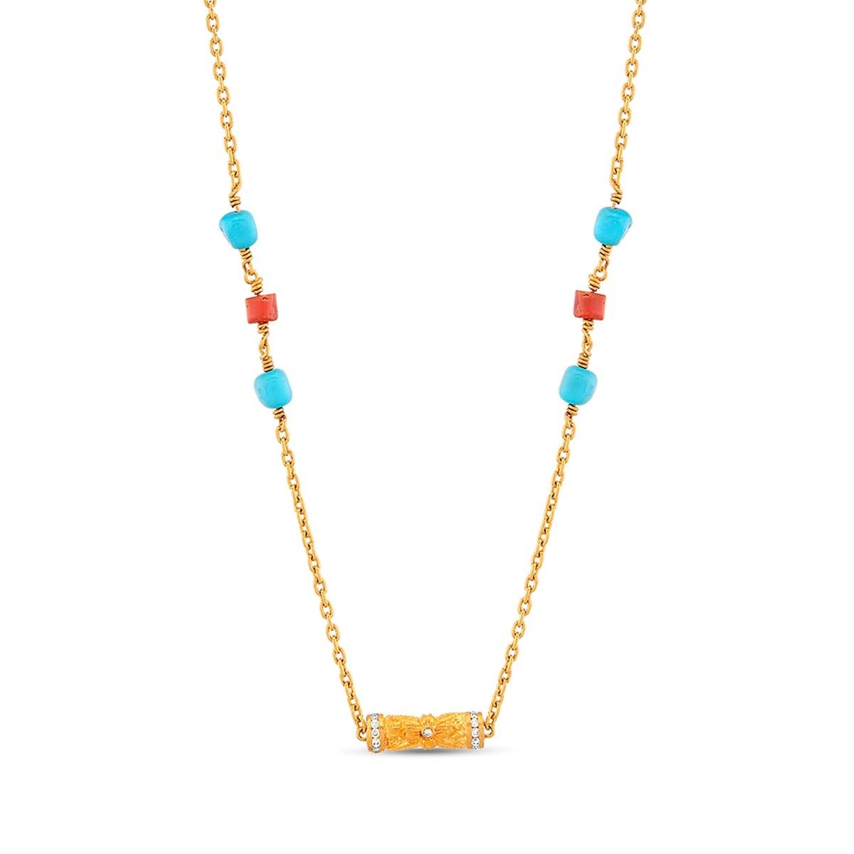 Classical Greek 24k Gold Chain Necklace for Woman with Turquoise and Coral Beads and Diamonds For Sale