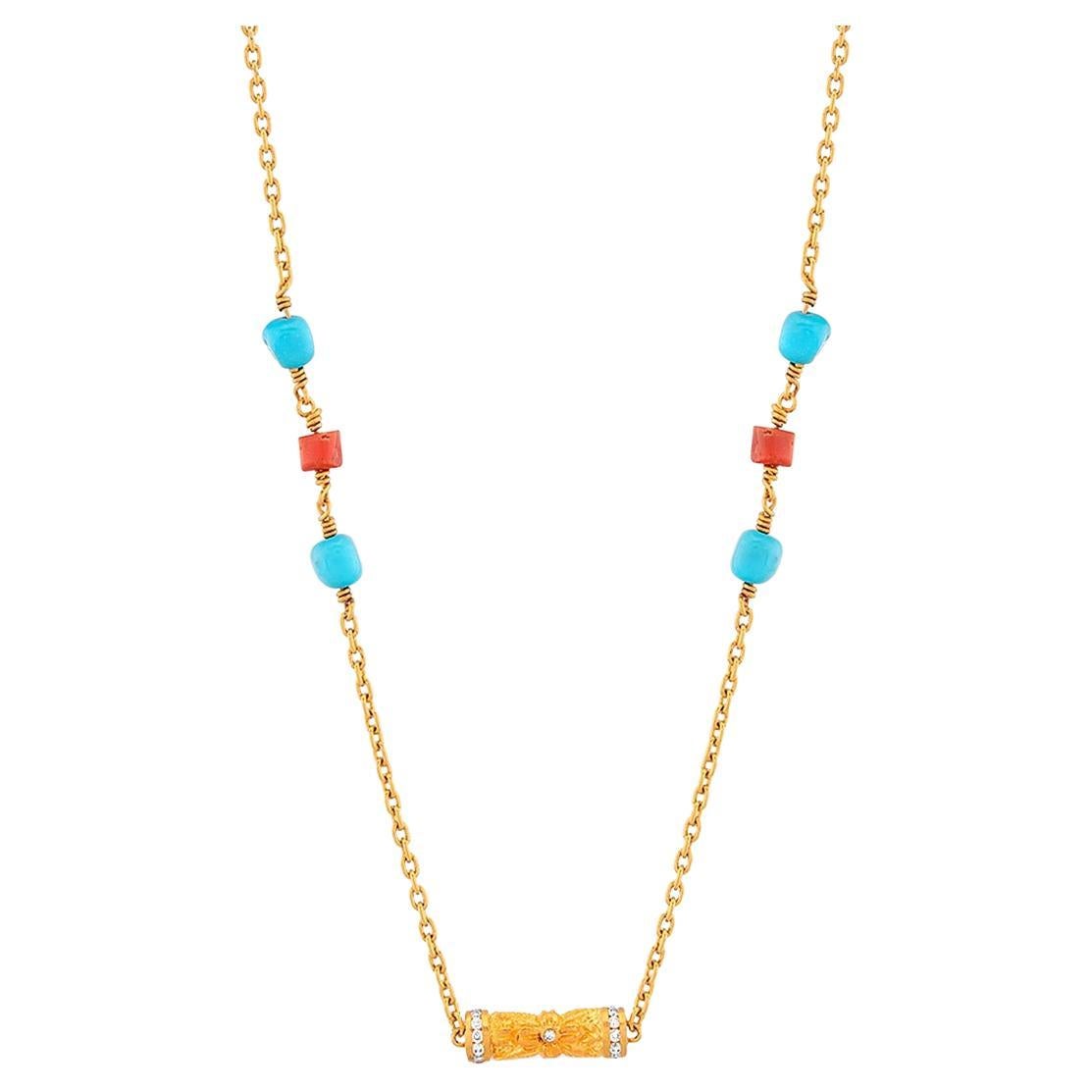24k Gold Chain Necklace for Woman with Turquoise and Coral Beads and Diamonds