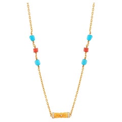 24k Gold Chain Necklace for Woman with Turquoise and Coral Beads and Diamonds