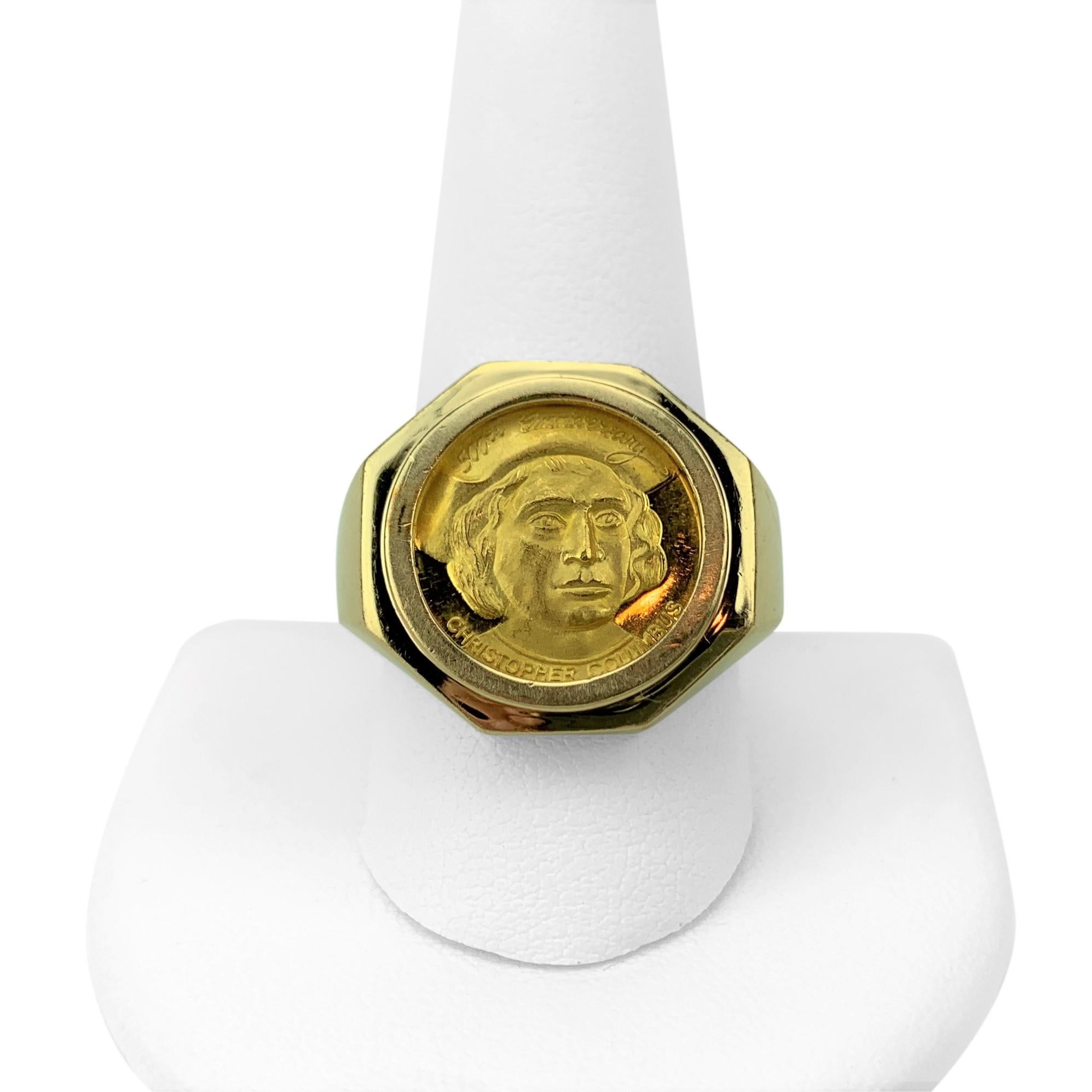 24k Gold Christopher Columbus Medallion Coin in 14k Gold Ring Size 10.5

Condition:  Excellent (Professionally Cleaned and Polished)
Metal:  24k and 14k Gold (Marked, and Professionally Tested)
Weight:  17.8g total (5g of 24k and 12.8g of 14k)
Size: