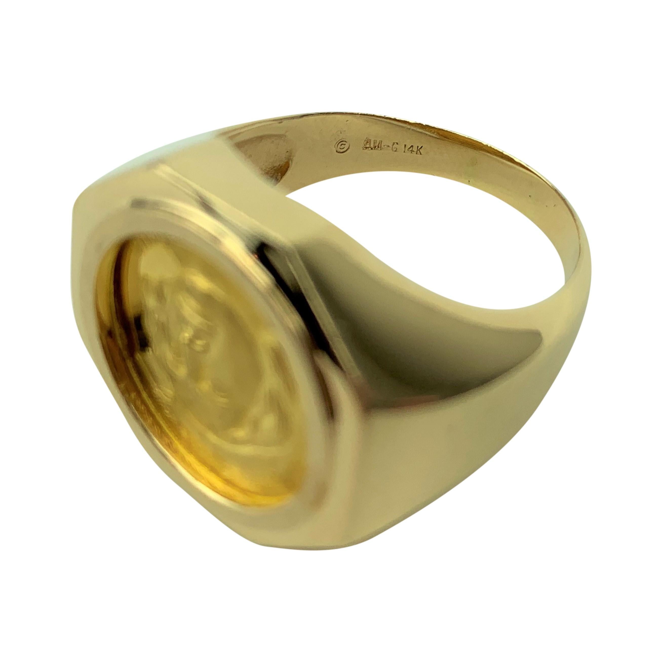 24 Karat Gold Christopher Columbus Medallion Coin in 14 Karat Gold Ring In Good Condition In Guilford, CT