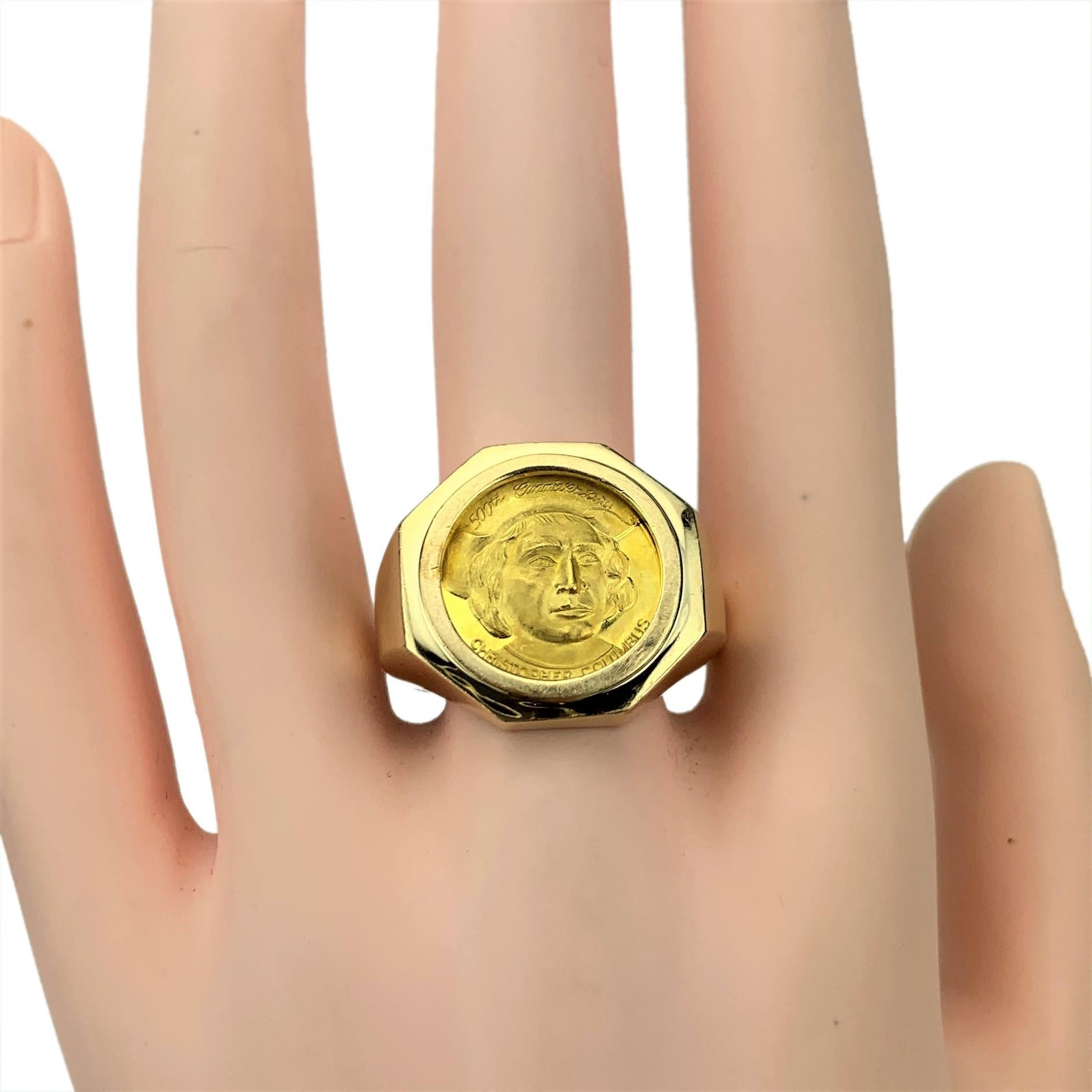 Men's 24 Karat Gold Christopher Columbus Medallion Coin in 14 Karat Gold Ring