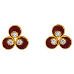 24 Karat Gold Cintemani-Ohrringe für Frau mit roter Emaille und Diamanten