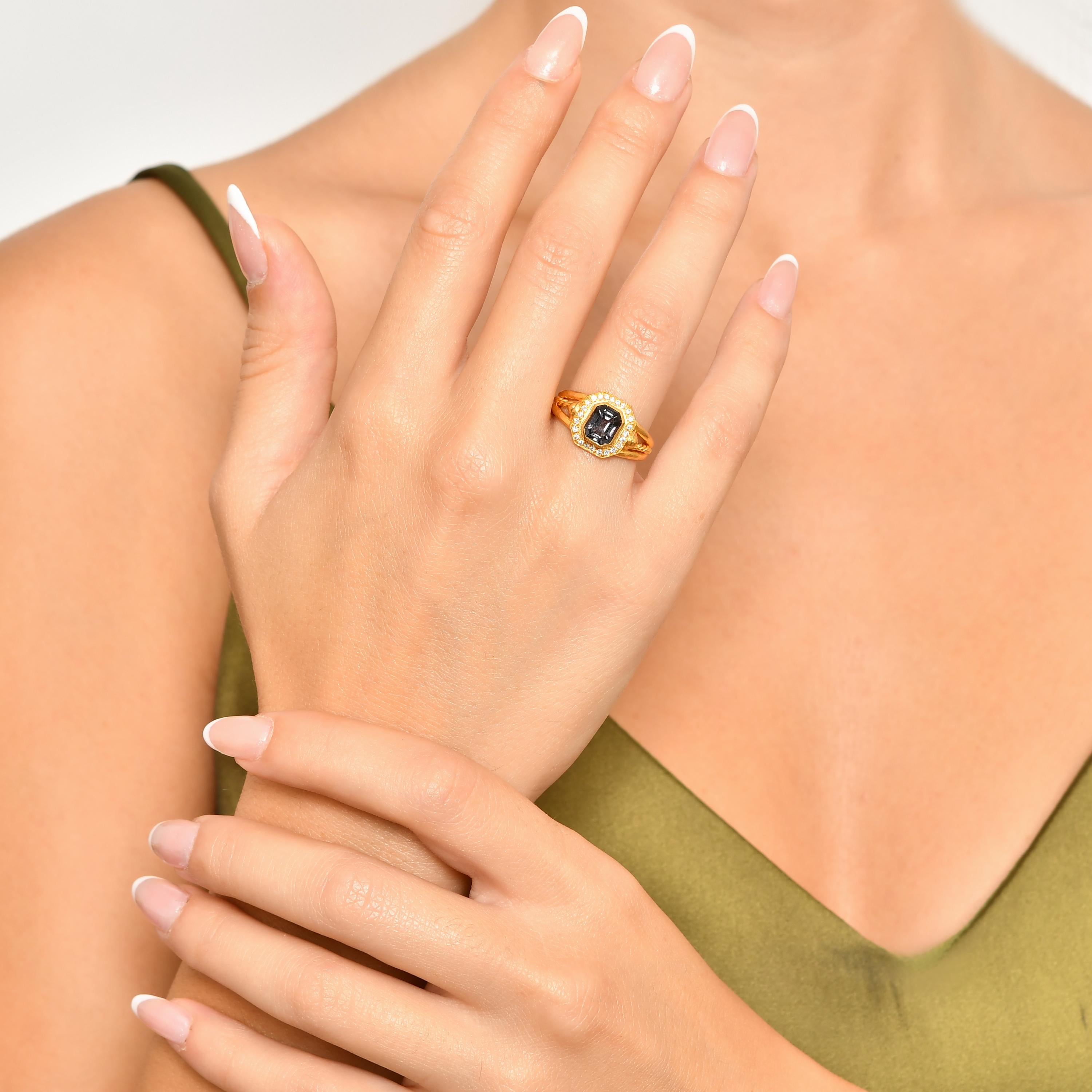 Emerald Cut 24k Gold Cocktail Ring for Women with Emerald-Cut Sapphire and Diamonds For Sale