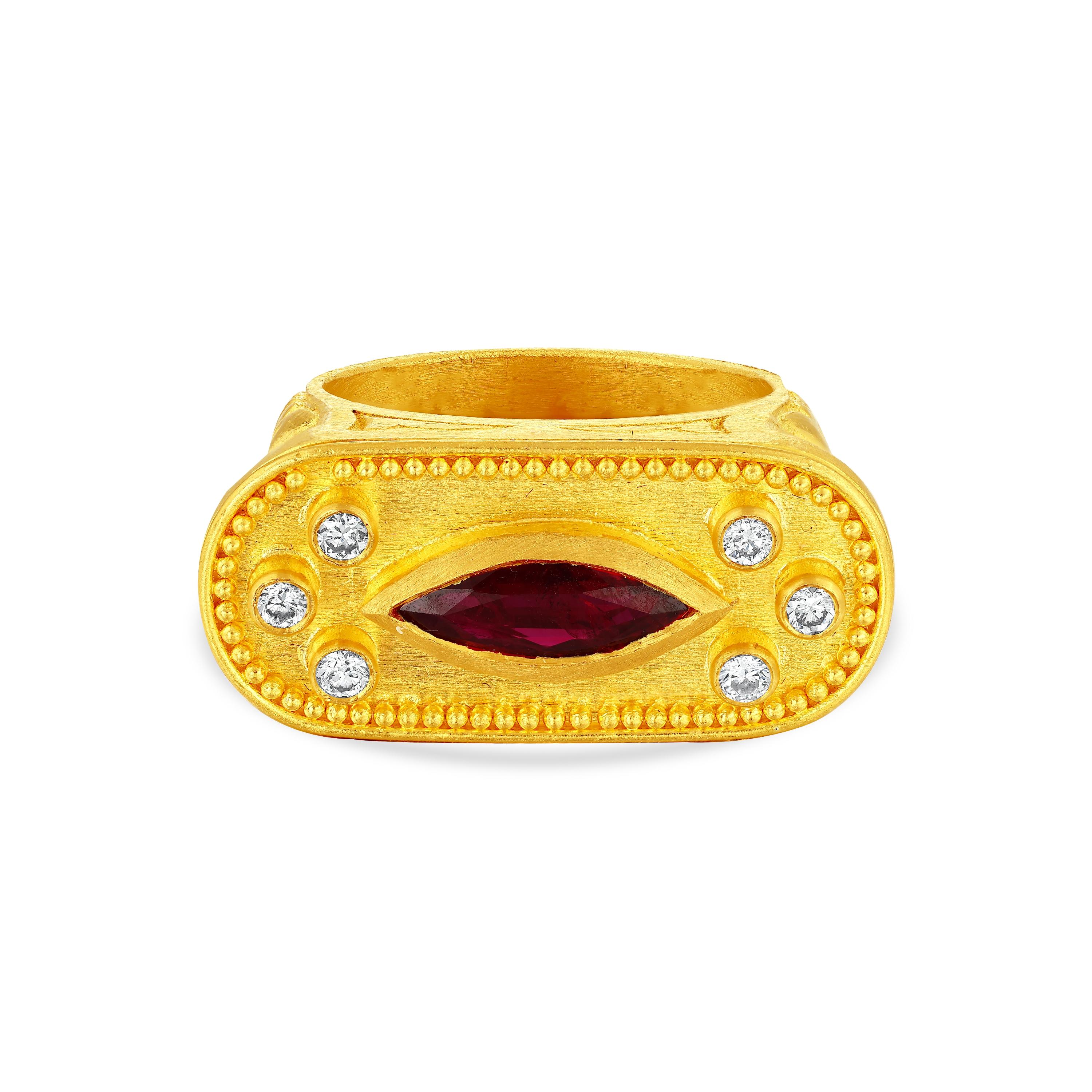 Ruby (1.03) and Diamonds (0.18)

Crafted with timeless elegance, this 24 karat gold jewelry piece draws inspiration from the ancient civilizations of Anatolia, where empires like the Greeks, Romans, Byzantines, and Ottomans shaped history and