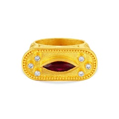 24k Gold Ring for Woman with Bee Engravings, Marquise Cut Ruby and Diamonds