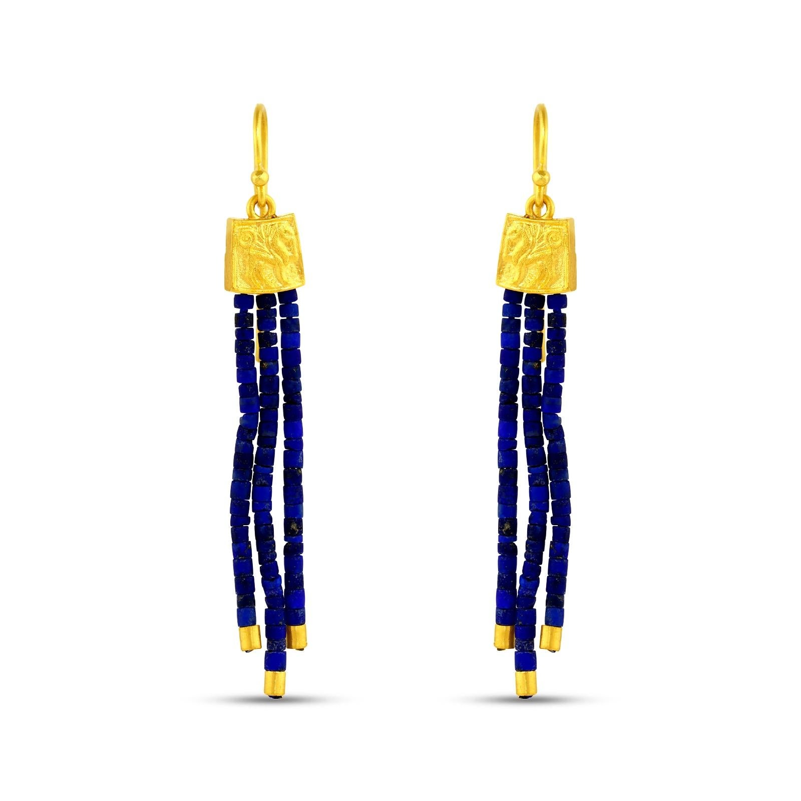 Classical Greek 24k Gold Dangle Earrings for Woman with Lapis Lazuli Beads For Sale
