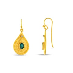 24k Gold Dangle Earrings for Woman with Oval Cut Emeralds and Diamonds