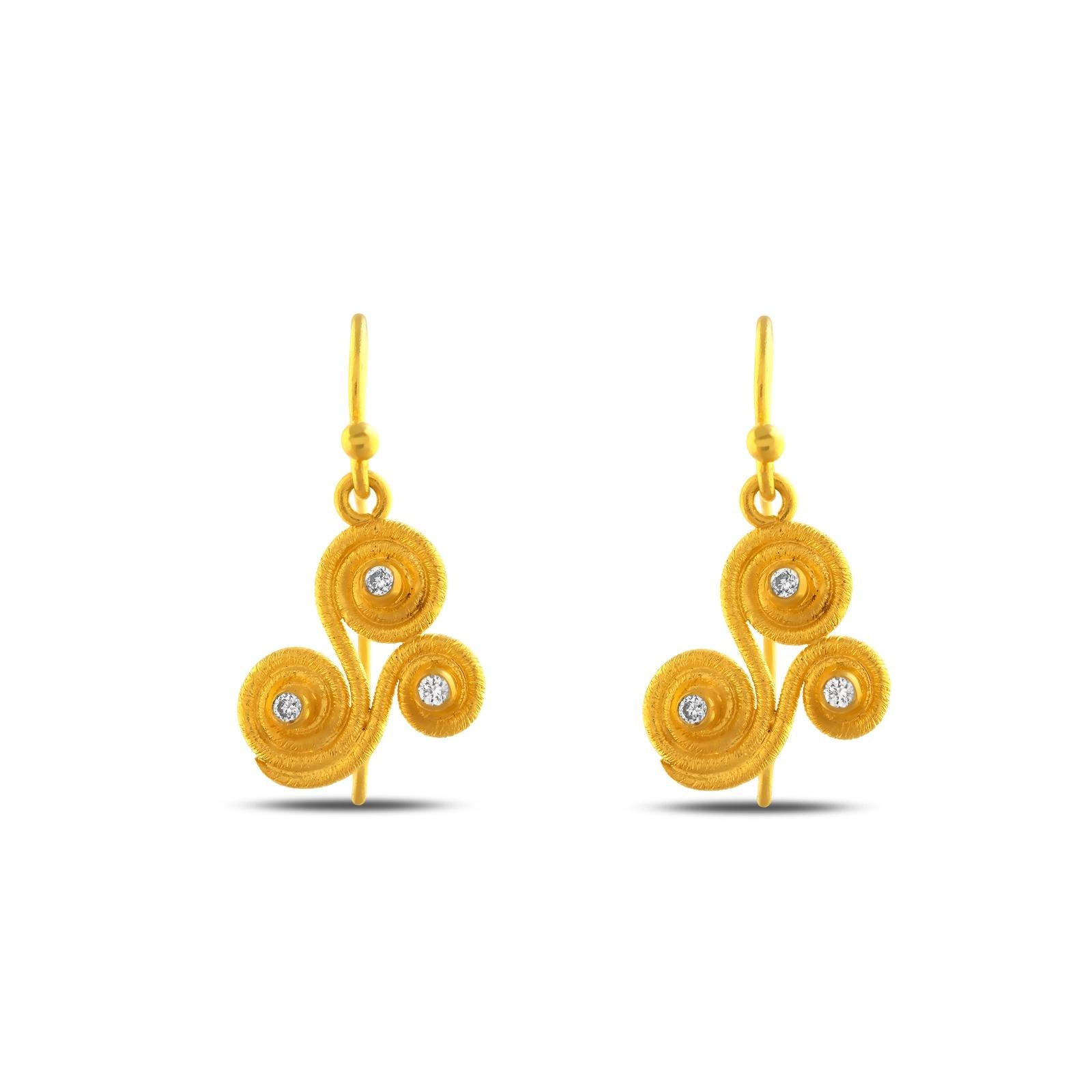 Classical Greek 24k Gold Dangle Earrings for Women with Brilliant-Cut Diamonds For Sale