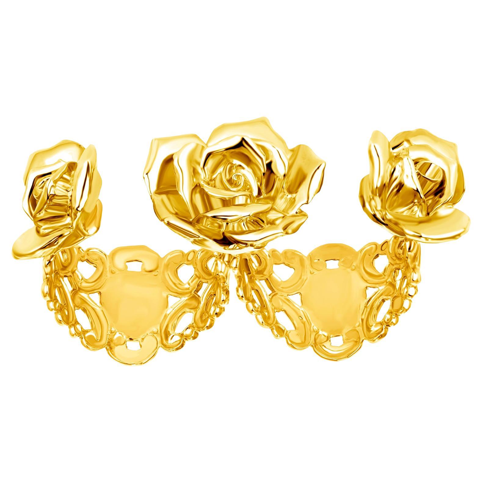 24K Gold Dipped Triple Rosey Rosette Knuckle Ring For Sale