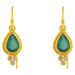 24k Gold Earrings for Women with Pear-Cut Emerald and Diamonds