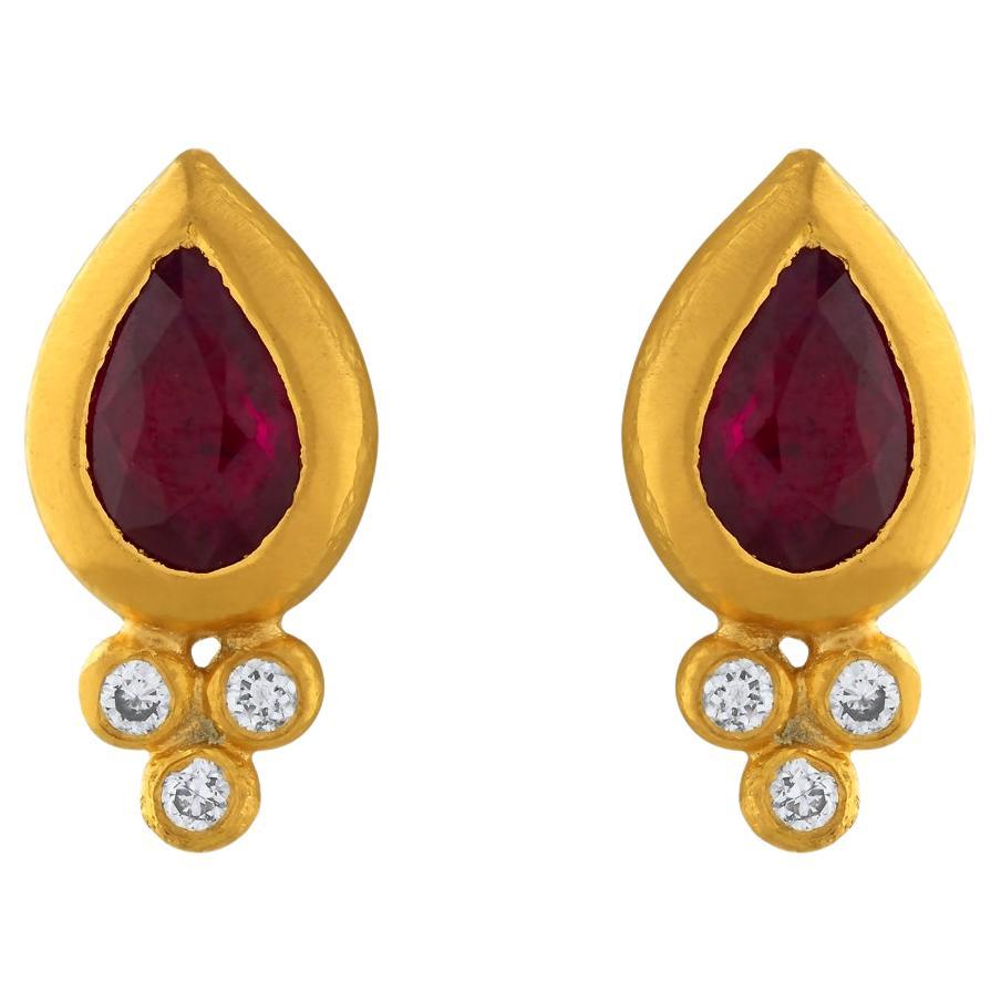 24k Gold Earrings for Women with Pear-Cut Ruby and Diamonds