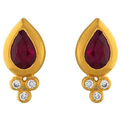 24k Gold Earrings for Women with Pear-Cut Ruby and Diamonds