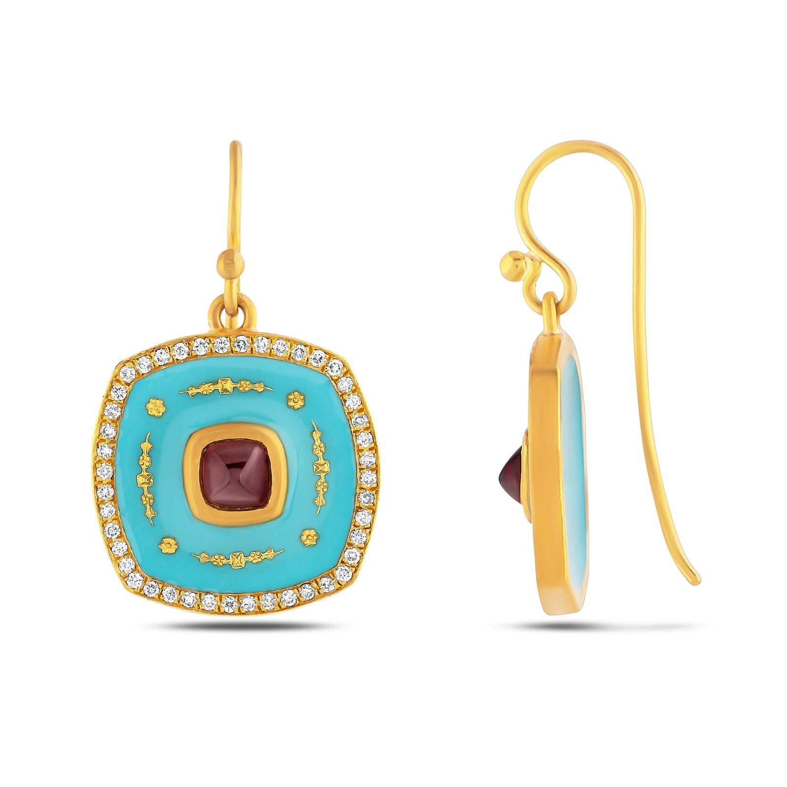 Classical Roman 24k Gold Earrings for Women with Blue Enamel and Sugarloaf-cut Ruby and Diamonds For Sale