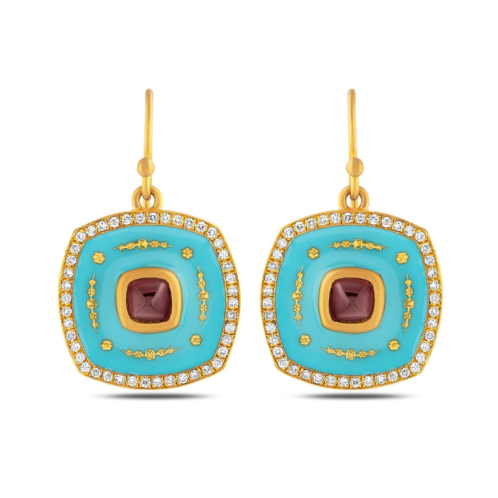 Sugarloaf Cabochon 24k Gold Earrings for Women with Blue Enamel and Sugarloaf-cut Ruby and Diamonds For Sale