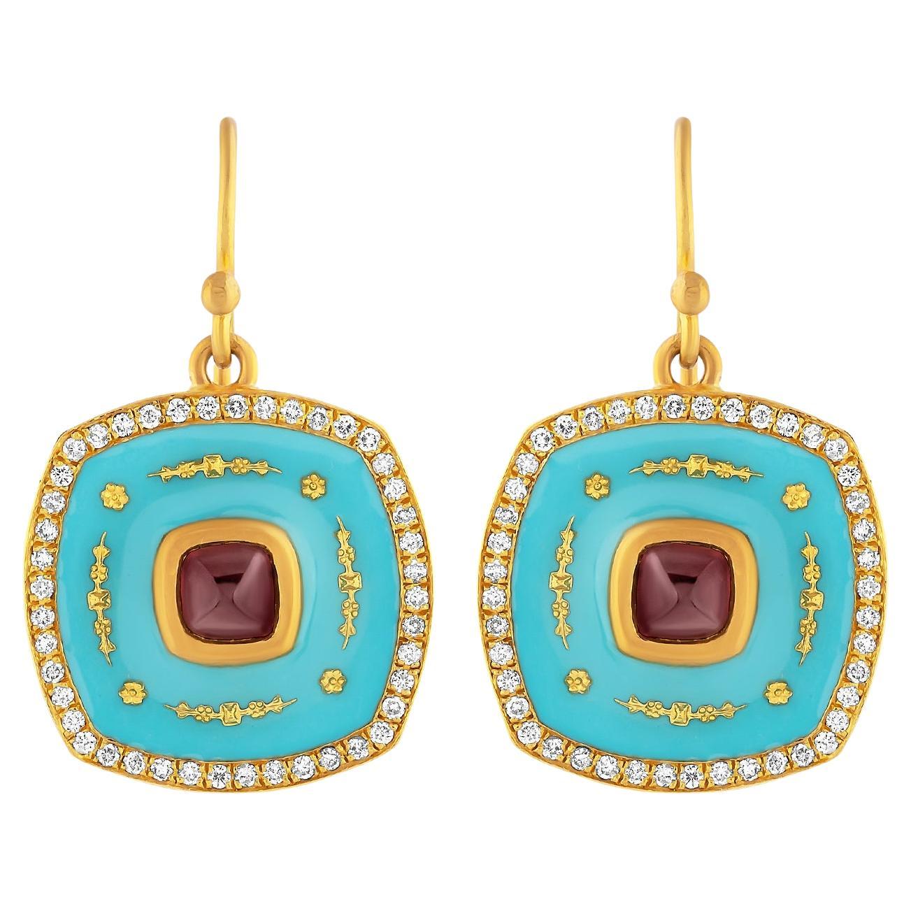 24k Gold Earrings for Women with Blue Enamel and Sugarloaf-cut Ruby and Diamonds