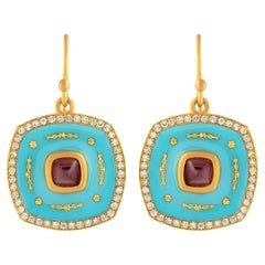 Boucles d'oreilles pour femmes en or 24 carats, émail bleu, rubis et diamants taille pain de sucre