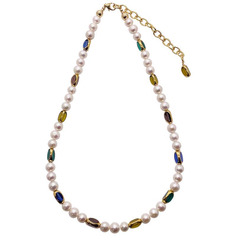 Multi-color 24K Gold Edged German Vintage Beads with White Freshwater ...