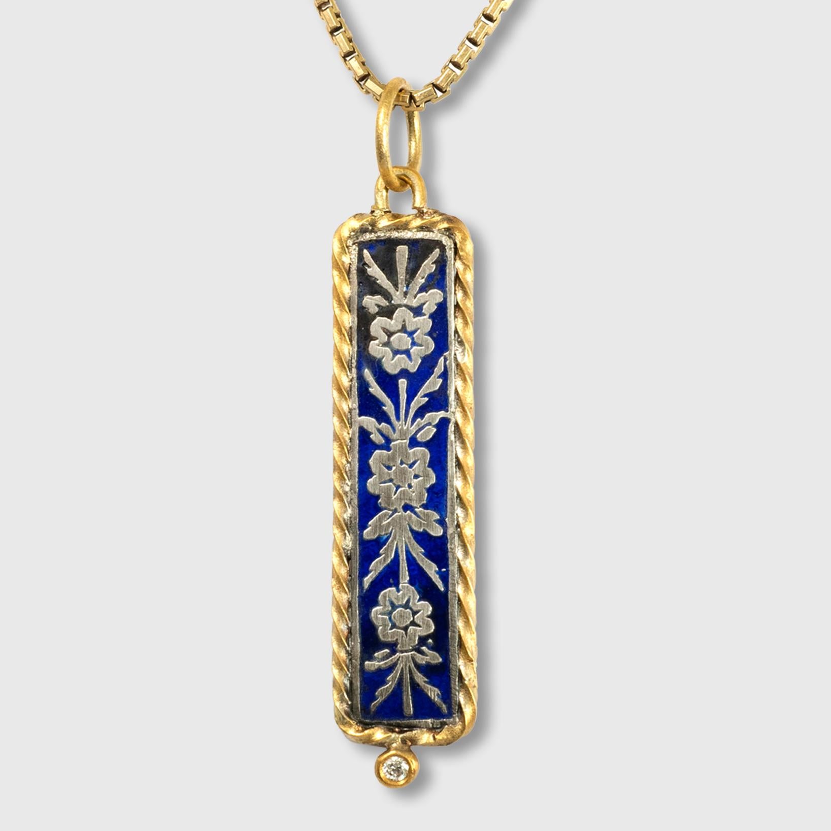 Classical Greek 24K Gold Framed Long Blue & Silver, Enameled Flowered Pendant & 0.02ct Diamond For Sale