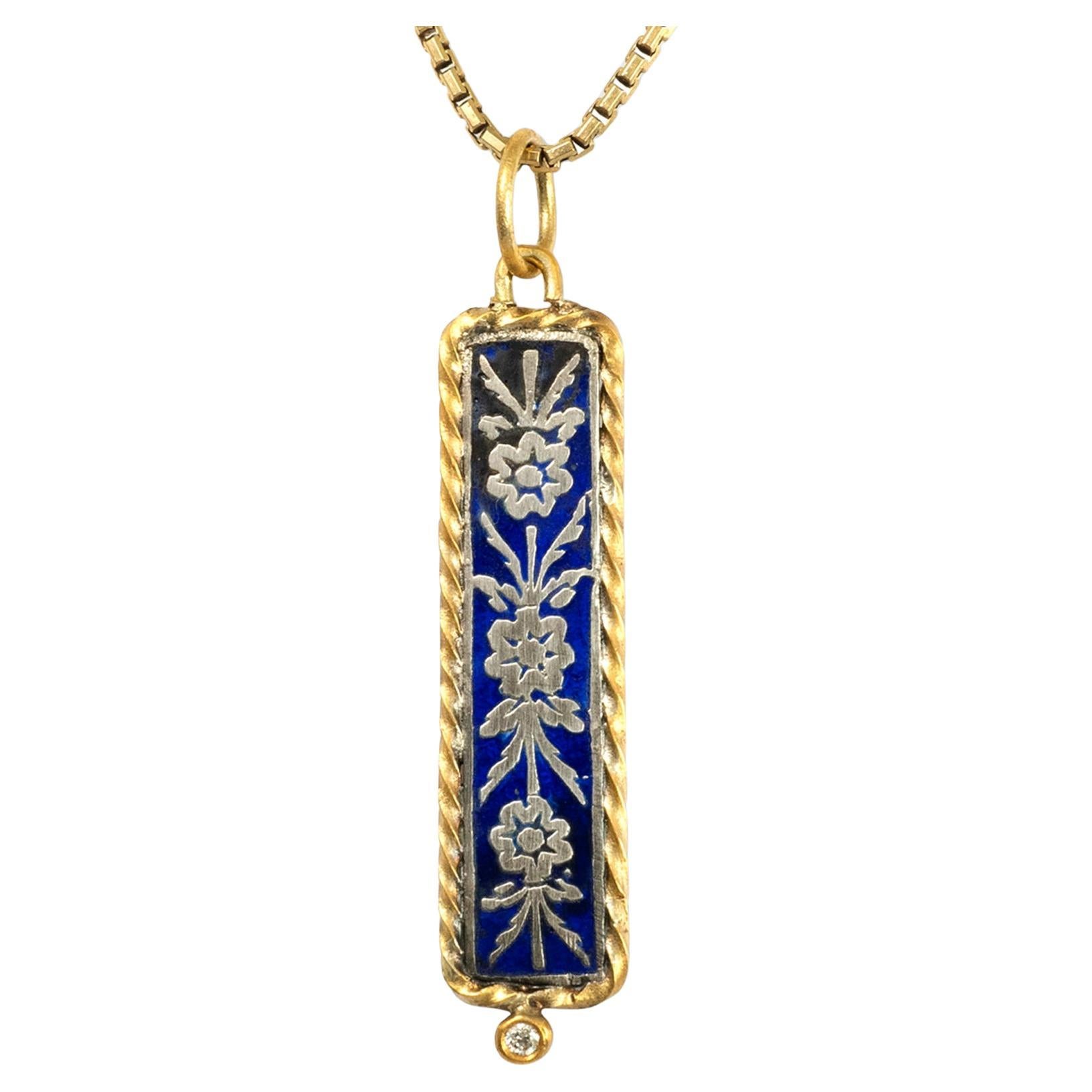 24K Gold Framed Long Blue & Silver, Enameled Flowered Pendant & 0.02ct Diamond For Sale