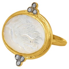 24K Gold Fused Silver Carved Crane Mother of Pearl Diamond Statement Ring