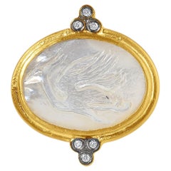 24K Gold Fused Silver Carved Crane Mother of Pearl Diamond Statement Ring
