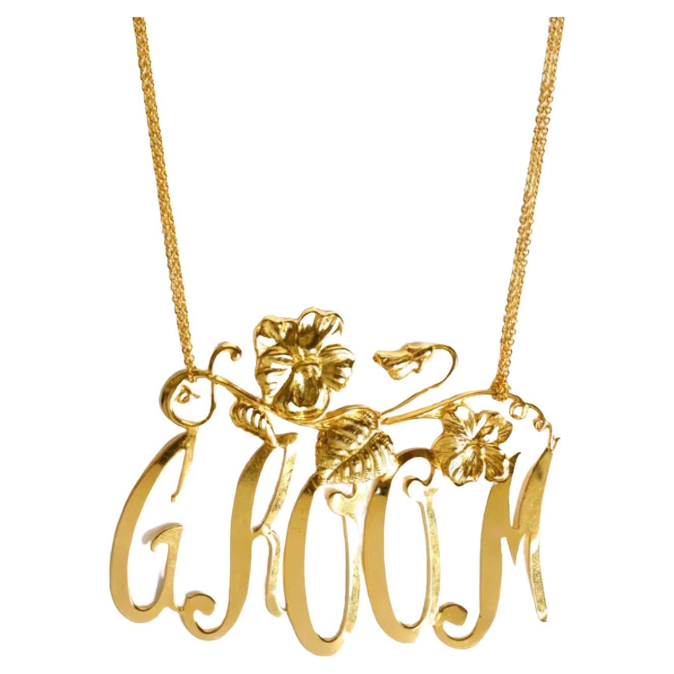 24K Gold Groom Baroque Nameplate Necklace – Floral Brass Design