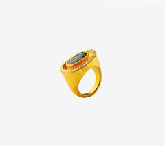 24K Gold Hand Crafted Classic Greek Style Emerald and Diamond Solitaire Ring