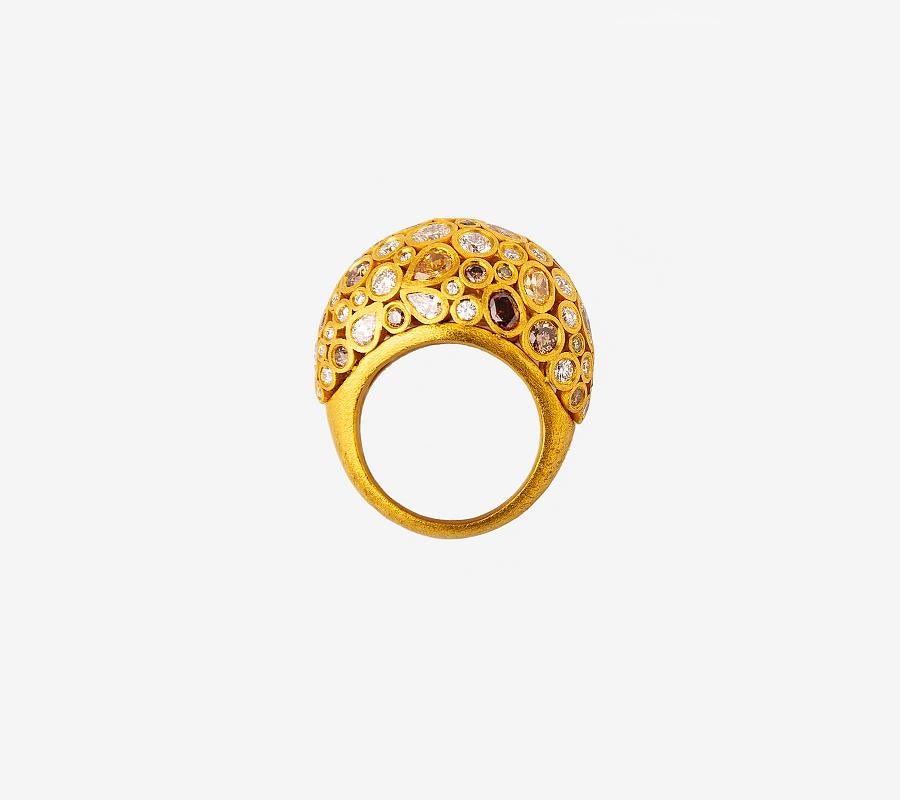 Artisan 24K Gold Hand Crafted Fancy Color Diamond Cocktail Ring For Sale