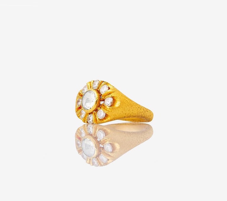 24K Gold Hand Crafted Ottoman Inspired Rose Form Diamond Ring In New Condition For Sale In Istanbul, TR