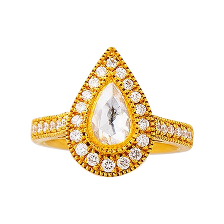 Solitär-Ring, 24 Karat Gold, handgefertigter tropfenförmiger Diamant im Rosenschliff