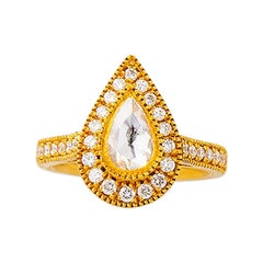 24K Gold Hand Crafted Tear Drop Form Rose Cut Diamond Solitaire Ring