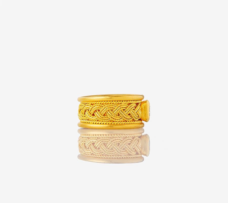 For Sale:  24K Gold Hand Crafted Wide Weave Mesh Band Radiant Cut Diamond Solitaire Ring 2