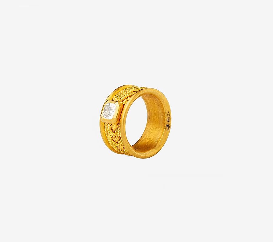 For Sale:  24K Gold Hand Crafted Wide Weave Mesh Band Radiant Cut Diamond Solitaire Ring 4