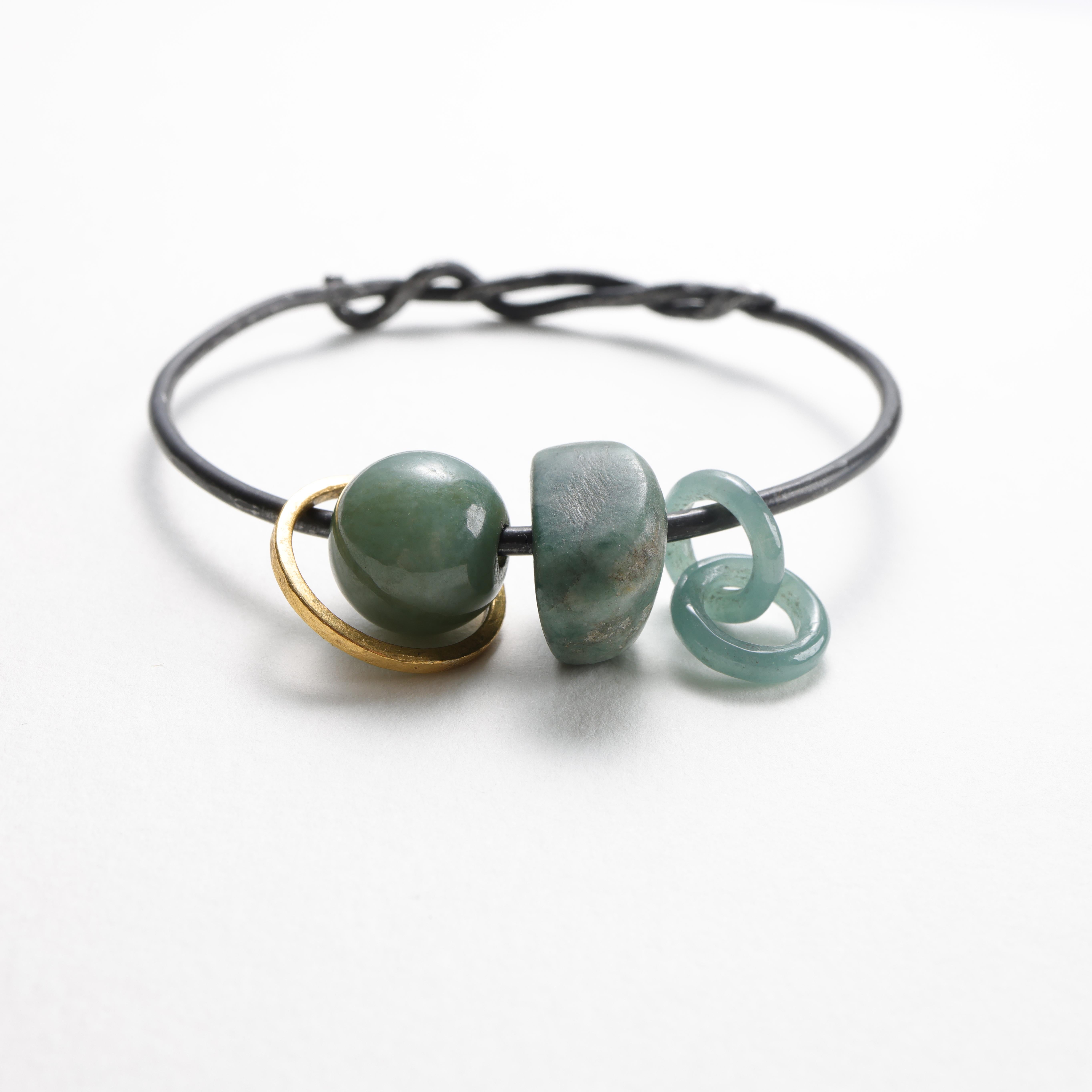 Bead 24K Gold, Jade, Bangle Created with Ohio Steel, XL 77mm For Sale