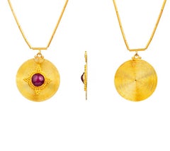 24k Gold Lentil Tube Chain with Wire Wrapped Pendant Adorned with Cabochon Ruby