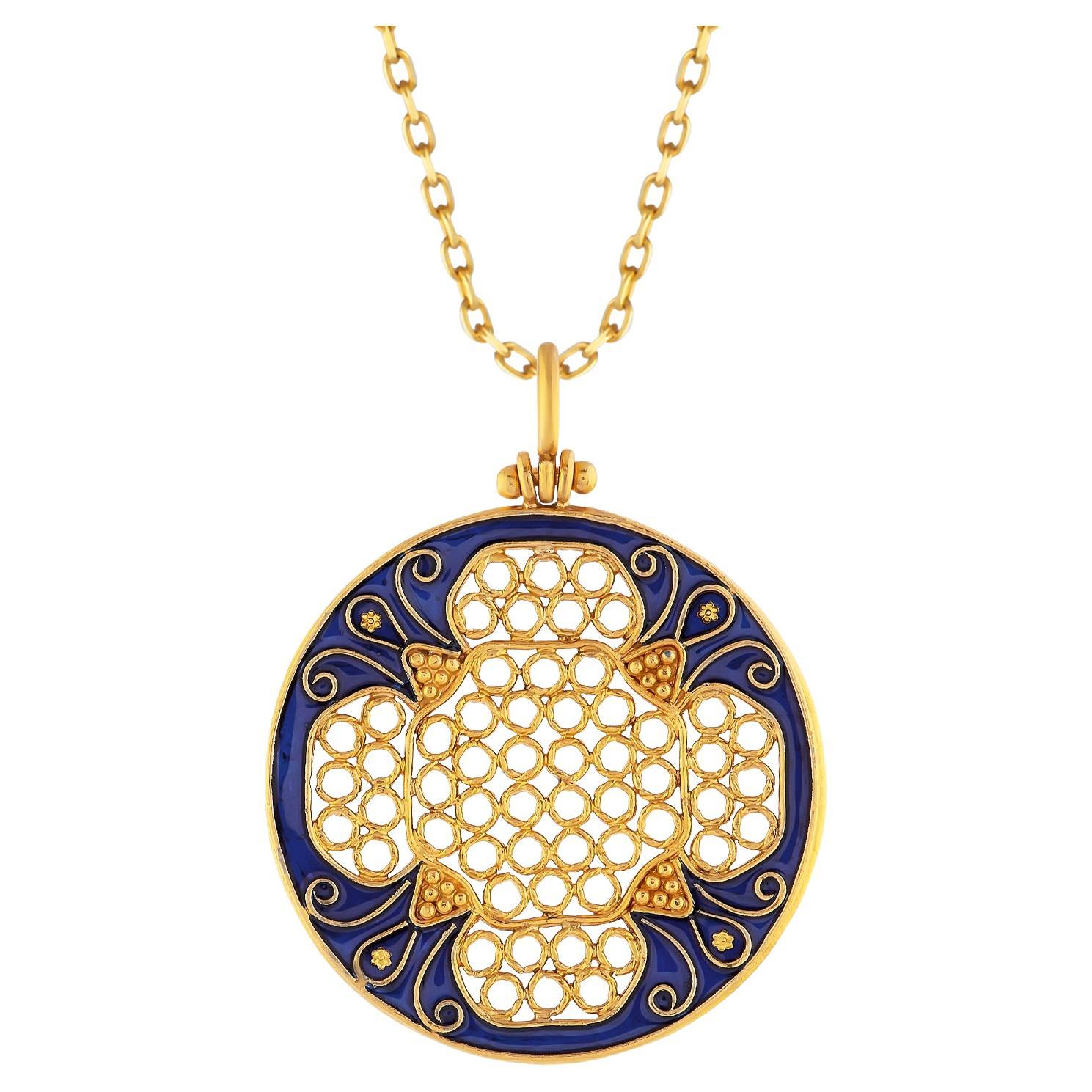 24k Gold Medallion for Women with Dark Blue Enamel