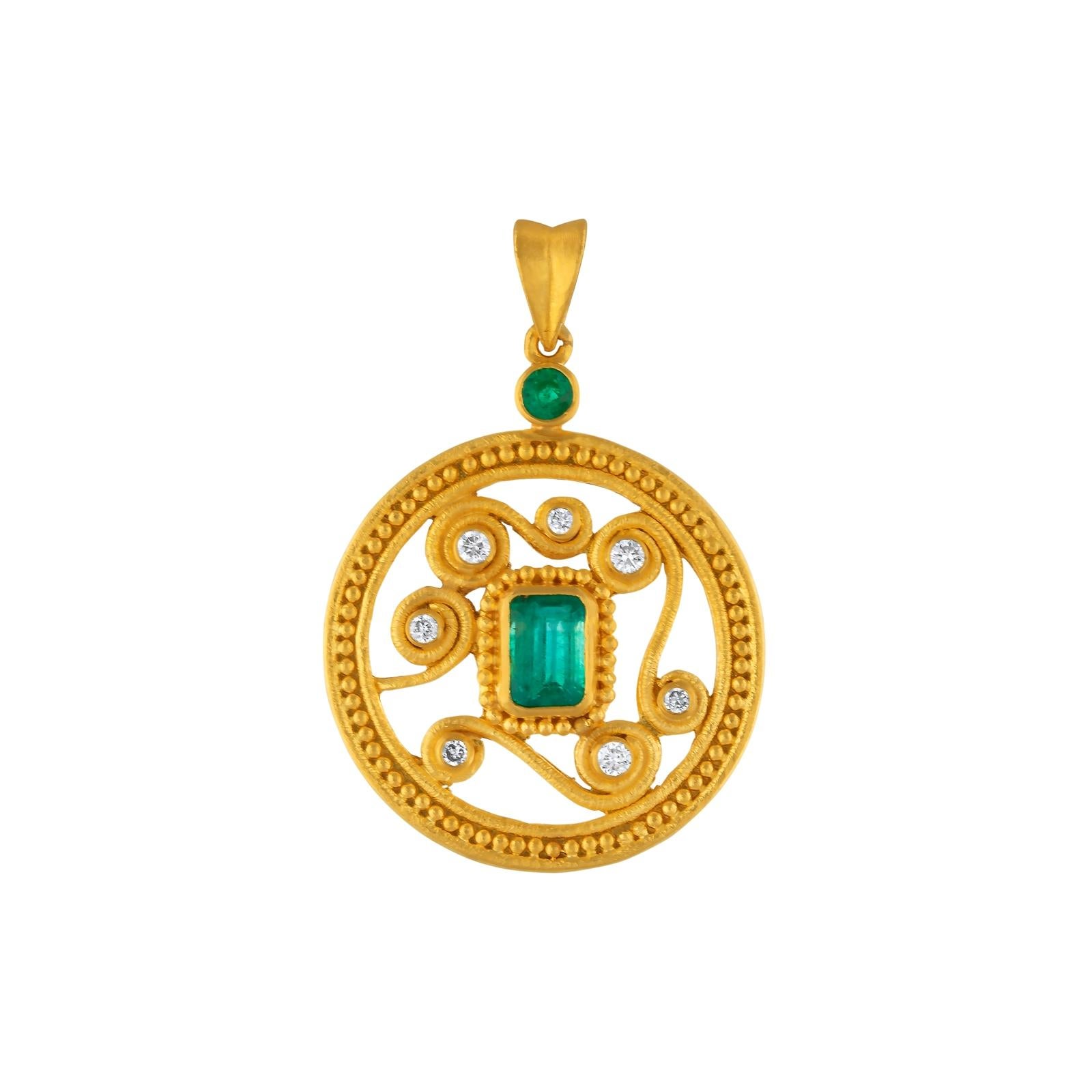 Emeralds (1 Carat) and Diamonds (0.16 Carat) 
Please note that it is just the pendant, the chain is not included. 

Crafted with timeless elegance, this 24 karat gold jewelry piece draws inspiration from the ancient civilizations of Anatolia, where